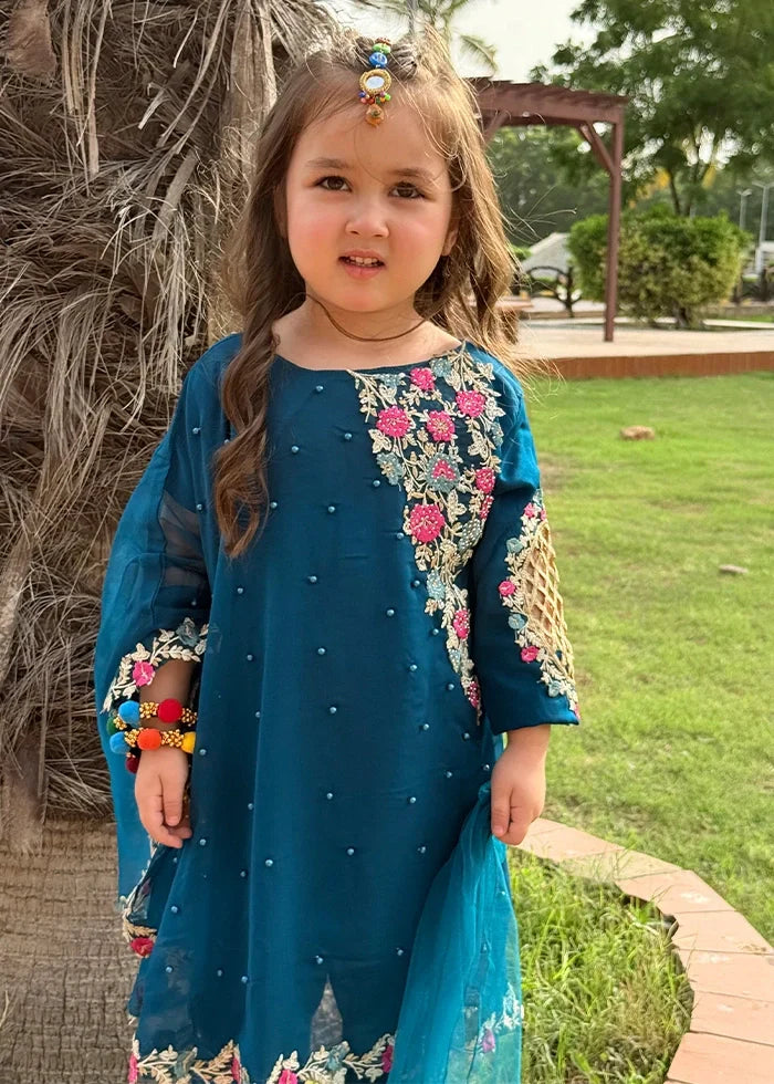 Modest Girls RTW Embroidered Chiffon 3 Piece Suit Blue Wedding Collection