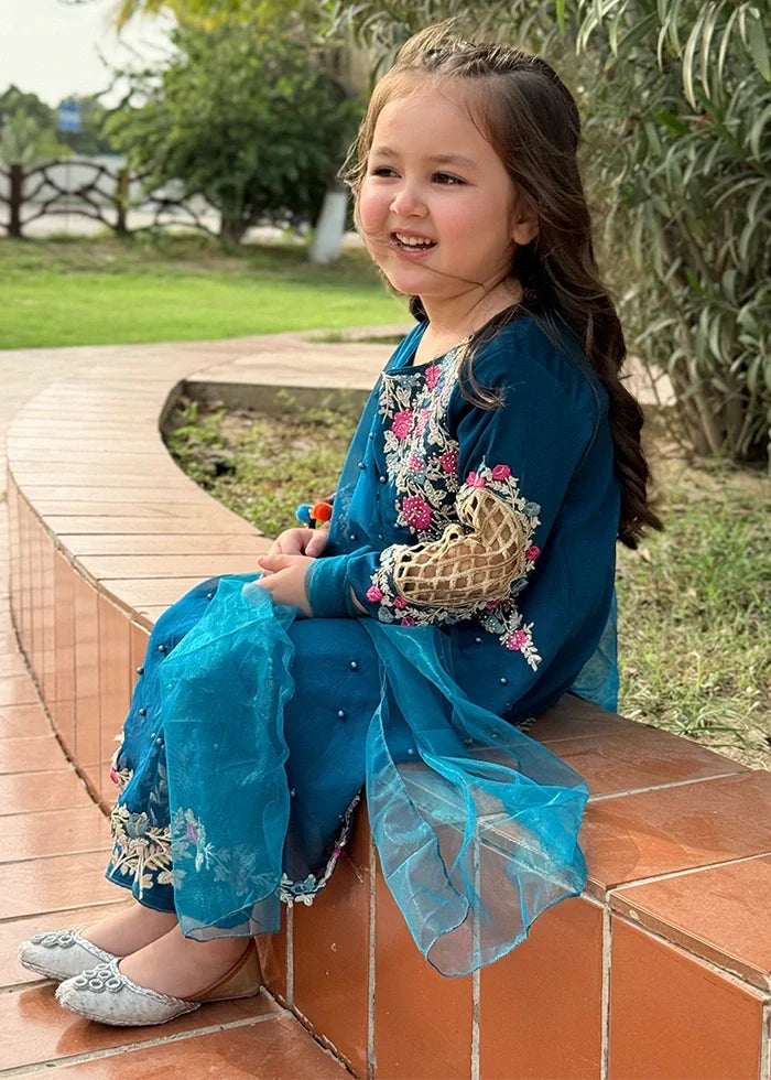 Modest Girls RTW Embroidered Chiffon 3 Piece Suit Blue Wedding Collection