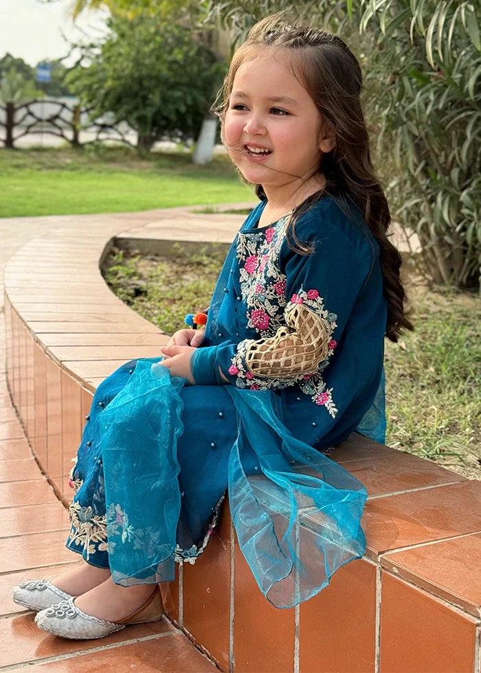 Modest Girls RTW Embroidered Chiffon 3 Piece Suit Blue Wedding Collection