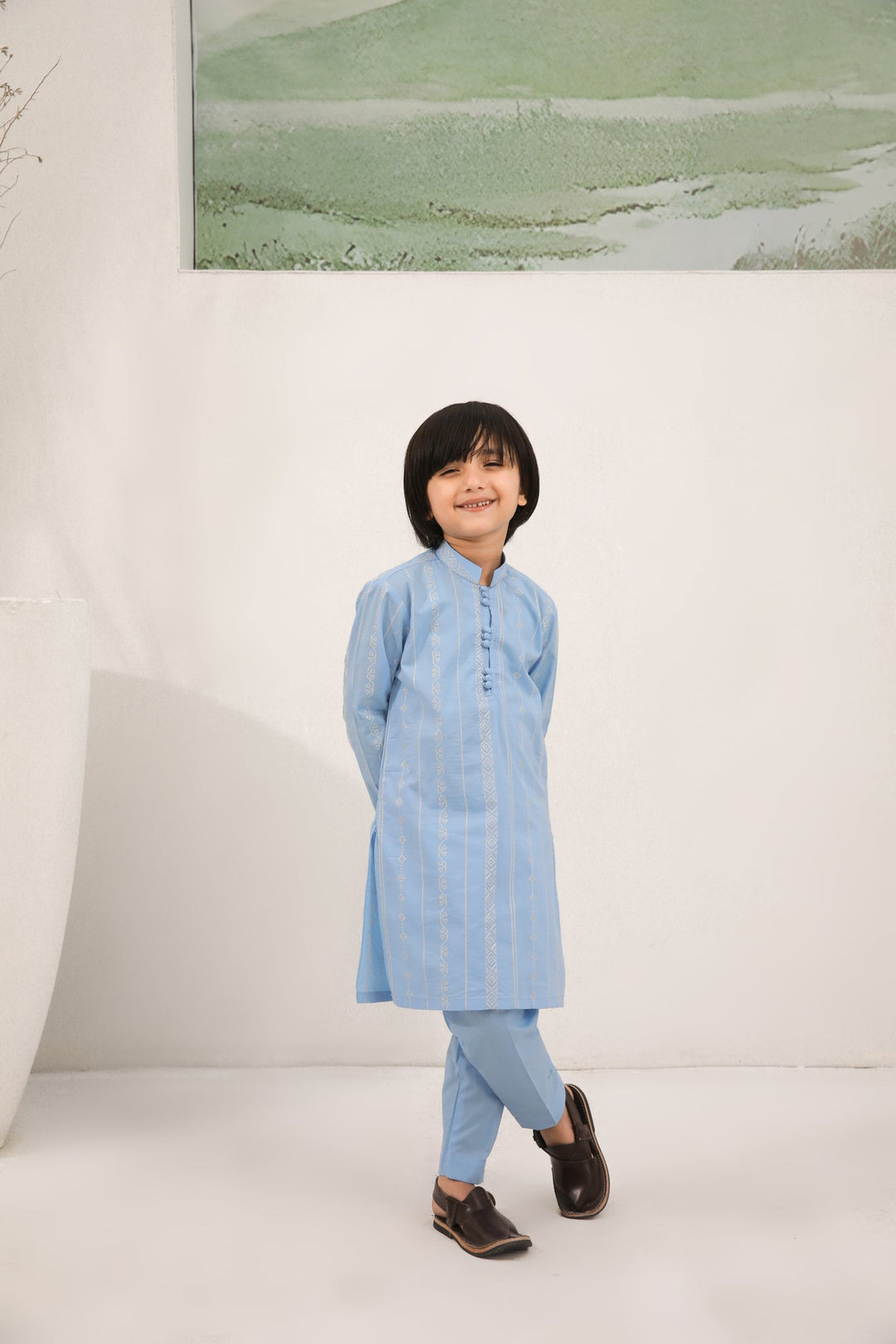 Muraqsh Ready To Wear   Boys Sky Blue Cotton Embroidered Kurta Trouser MURBECK - Summer Collection