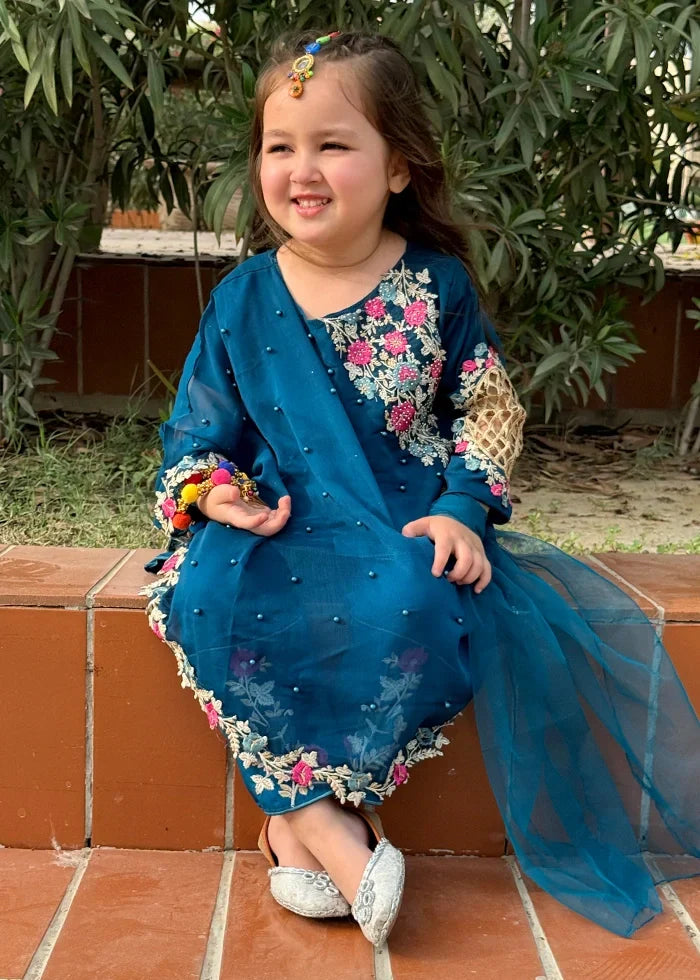 Modest Girls RTW Embroidered Chiffon 3 Piece Suit Blue Wedding Collection