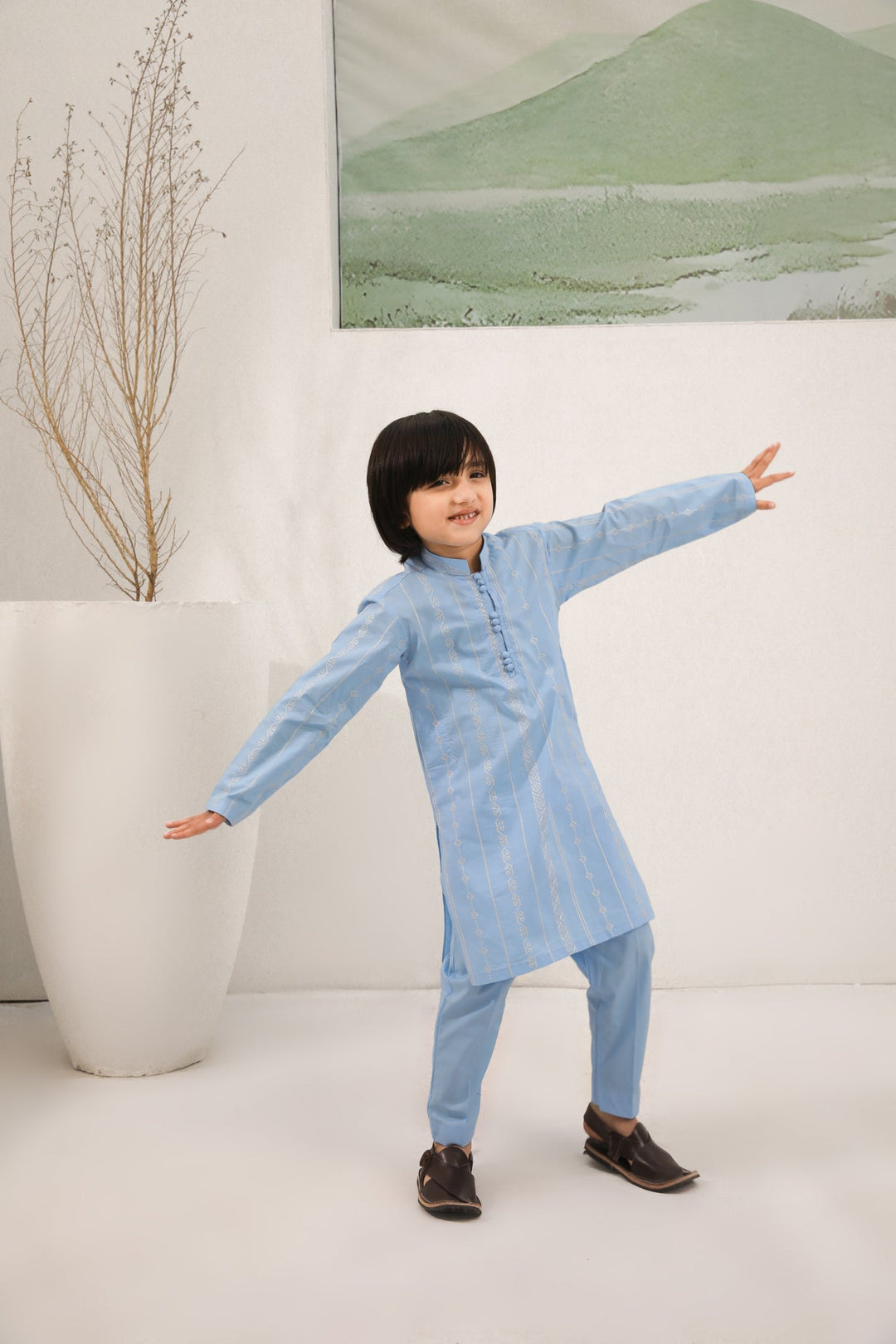 Muraqsh Ready To Wear   Boys Sky Blue Cotton Embroidered Kurta Trouser MURBECK - Summer Collection