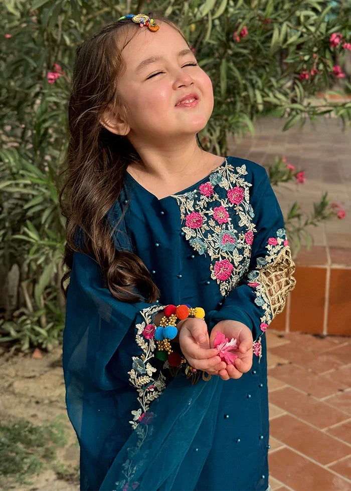 Modest Girls RTW Embroidered Chiffon 3 Piece Suit Blue Wedding Collection