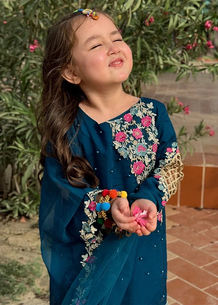 Modest Girls RTW Embroidered Chiffon 3 Piece Suit Blue Wedding Collection