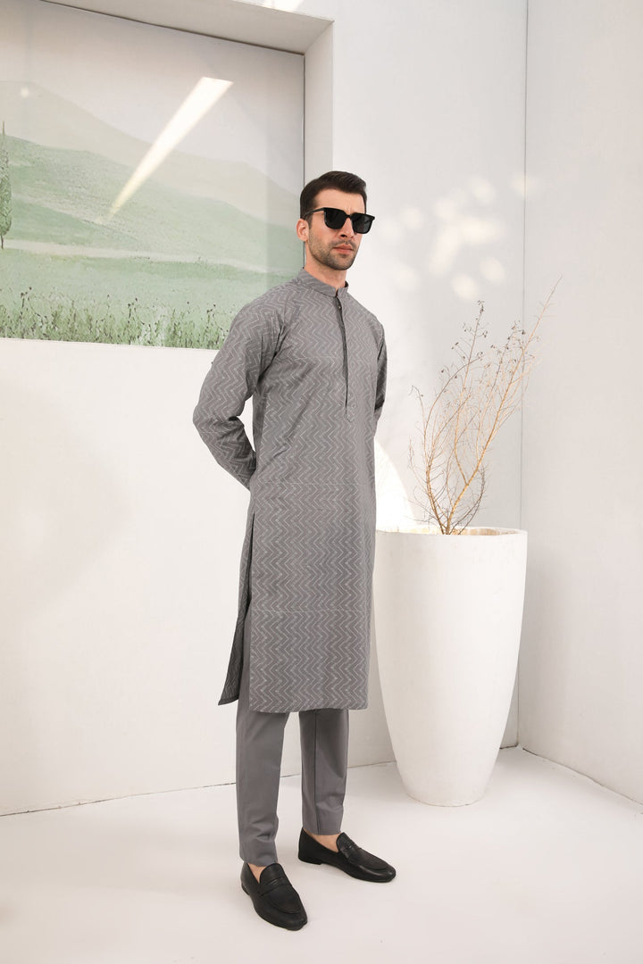 Muraqsh Ready To Wear   Men Light Grey Cotton Embroidered Kurta Trouser MURGECK - Summer Collection