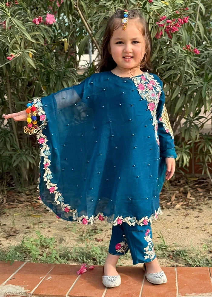 Modest Girls RTW Embroidered Chiffon 3 Piece Suit Blue Wedding Collection