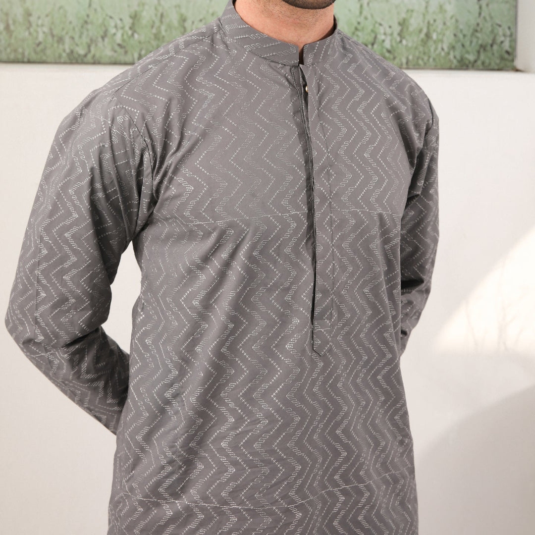 Muraqsh Ready To Wear   Men Light Grey Cotton Embroidered Kurta Trouser MURGECK - Summer Collection