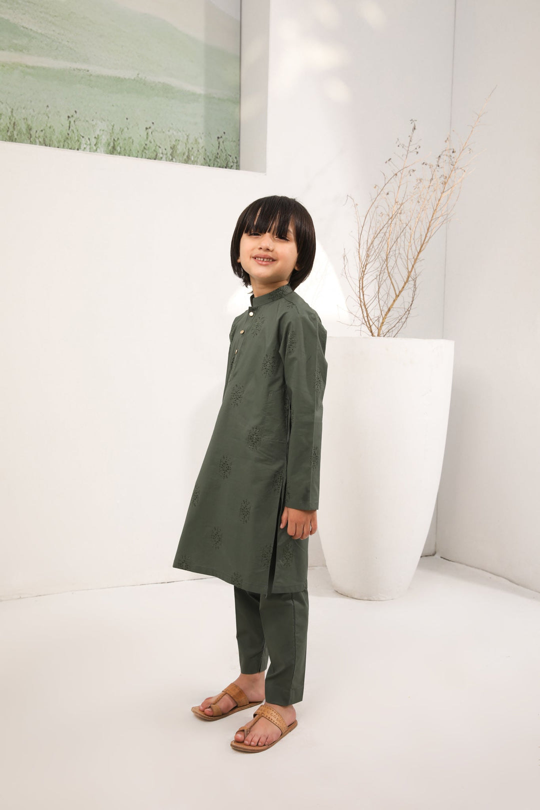 Muraqsh Ready To Wear Embroidered  Boys Army Green Cotton Embroidered Kurta Trouser MUR-AGECK - Summer Collection