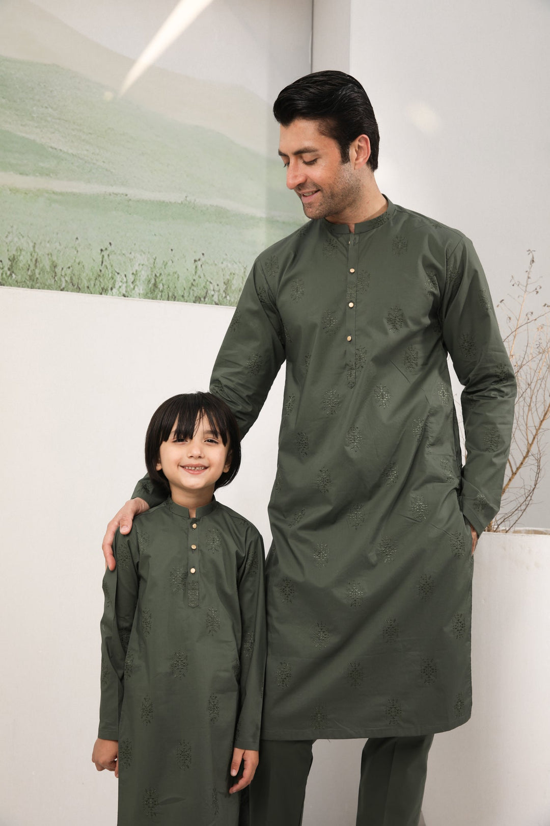 Muraqsh Ready To Wear Embroidered  Men Army Green Cotton Embroidered Kurta Trouser MUR-AGECK - Summer Collection