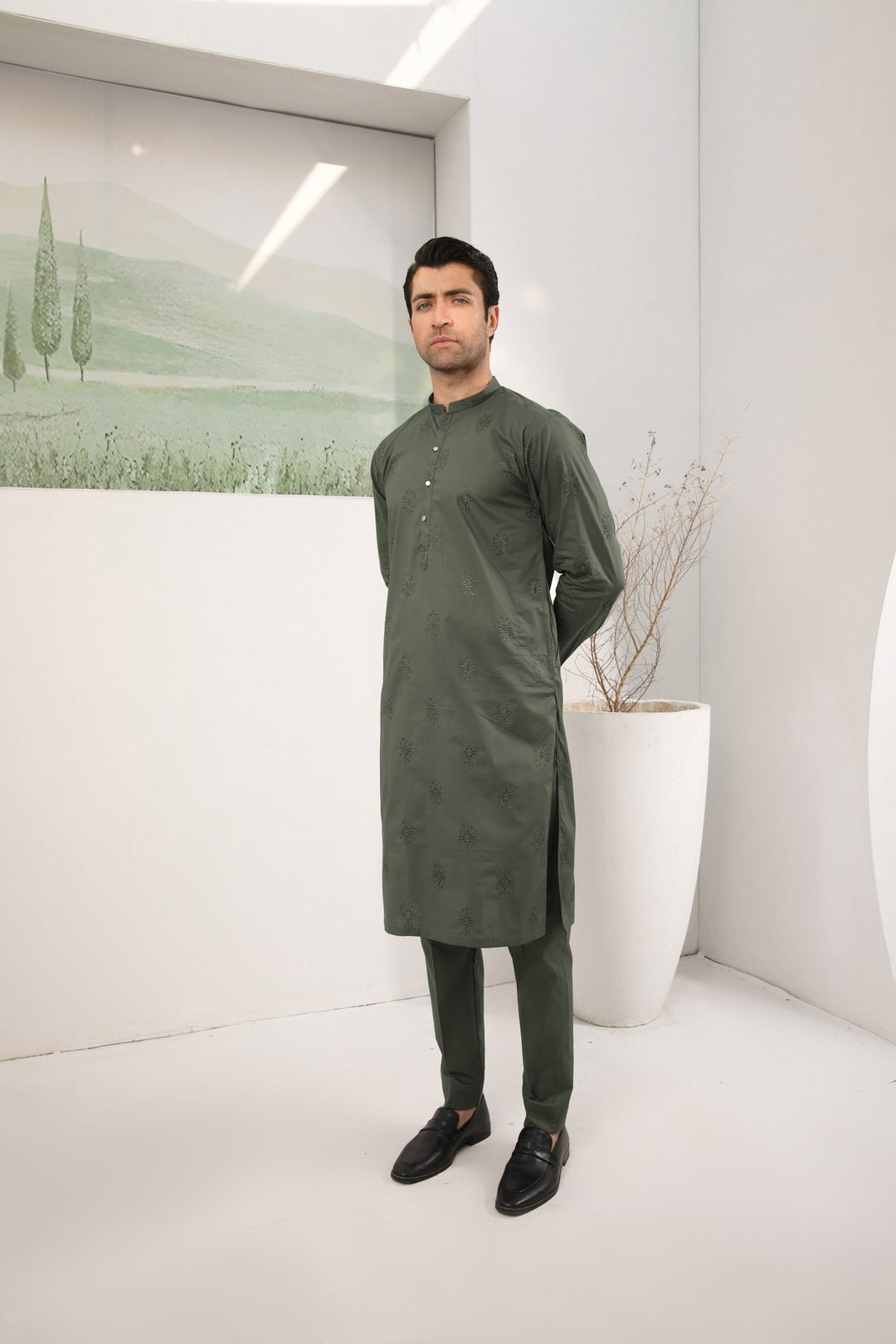 Muraqsh Ready To Wear Embroidered  Men Army Green Cotton Embroidered Kurta Trouser MUR-AGECK - Summer Collection