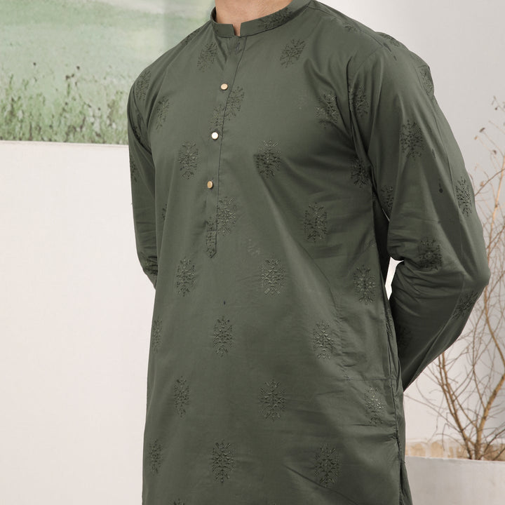 Muraqsh Ready To Wear Embroidered  Men Army Green Cotton Embroidered Kurta Trouser MUR-AGECK - Summer Collection