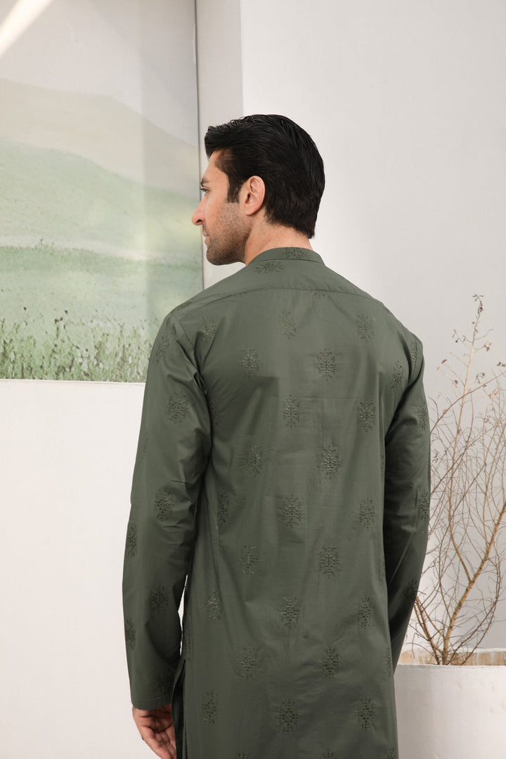 Muraqsh Ready To Wear Embroidered  Men Army Green Cotton Embroidered Kurta Trouser MUR-AGECK - Summer Collection
