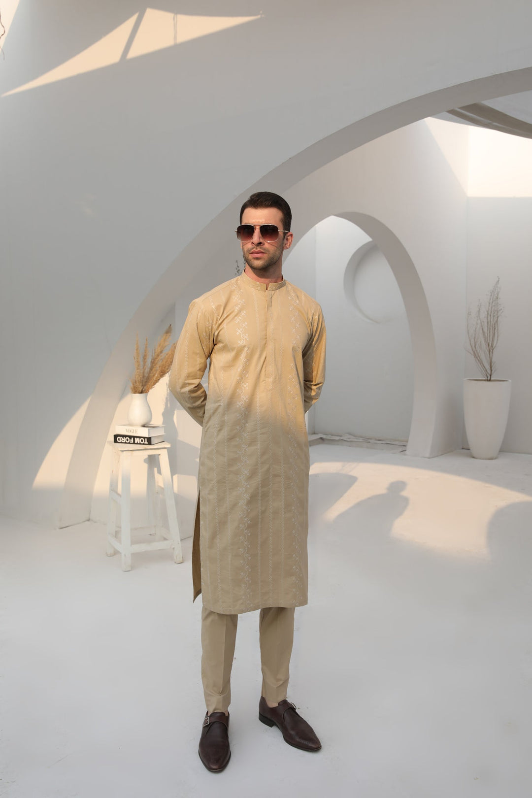 Muraqsh Ready To Wear   Men Ivory Skin Cotton Embroidered Kurta Trouser MUR-ISECK - Summer Collection
