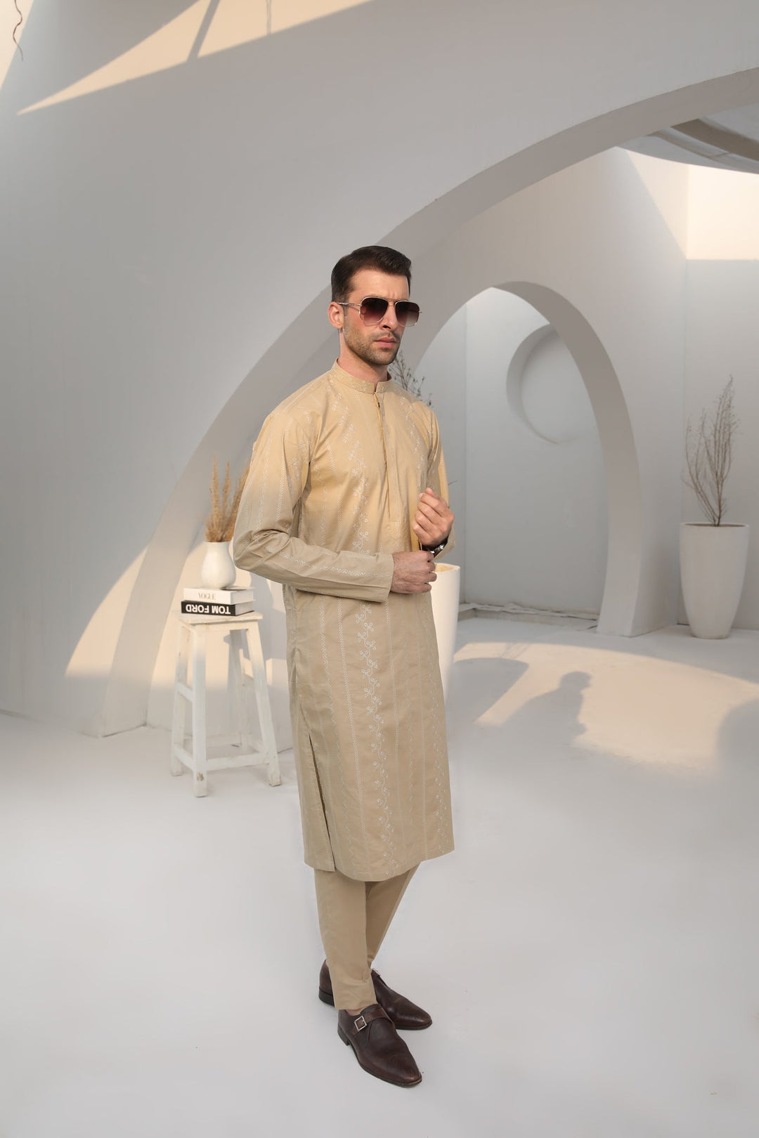 Muraqsh Ready To Wear   Men Ivory Skin Cotton Embroidered Kurta Trouser MUR-ISECK - Summer Collection