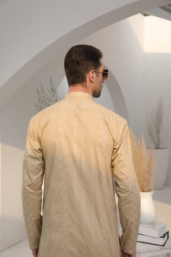 Muraqsh Ready To Wear   Men Ivory Skin Cotton Embroidered Kurta Trouser MUR-ISECK - Summer Collection