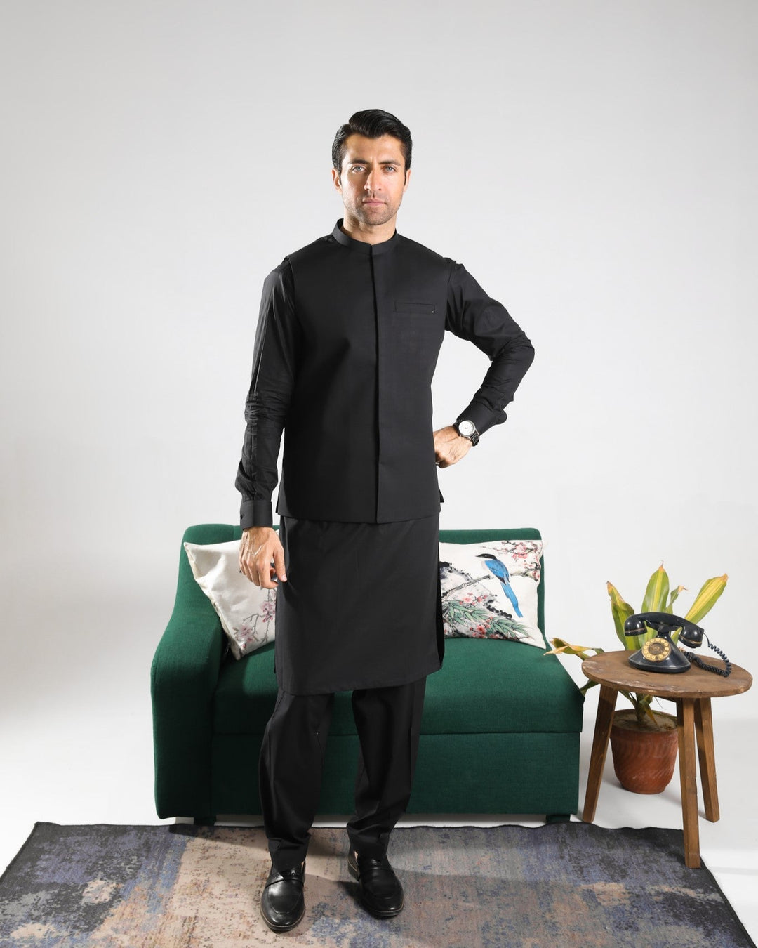 Muraqsh Ready To Wear Solids  Men Black Soft Cotton Kurta Shalwar with Waistcoat MUR-BCKS - Summer Collection