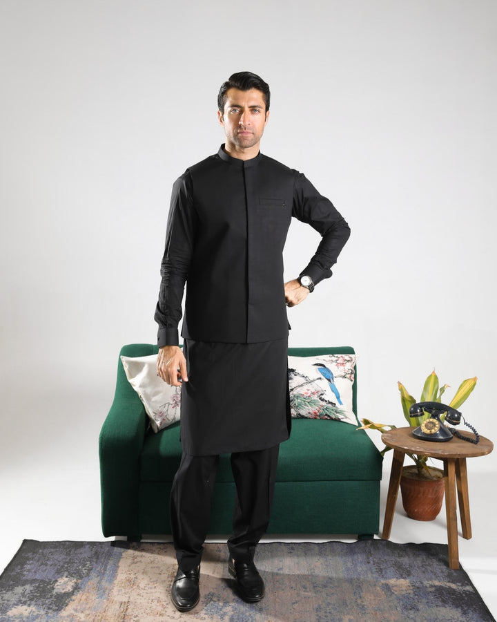 Muraqsh Ready To Wear Solids  Men Black Soft Cotton Kurta Shalwar with Waistcoat MUR-BCKS - Summer Collection
