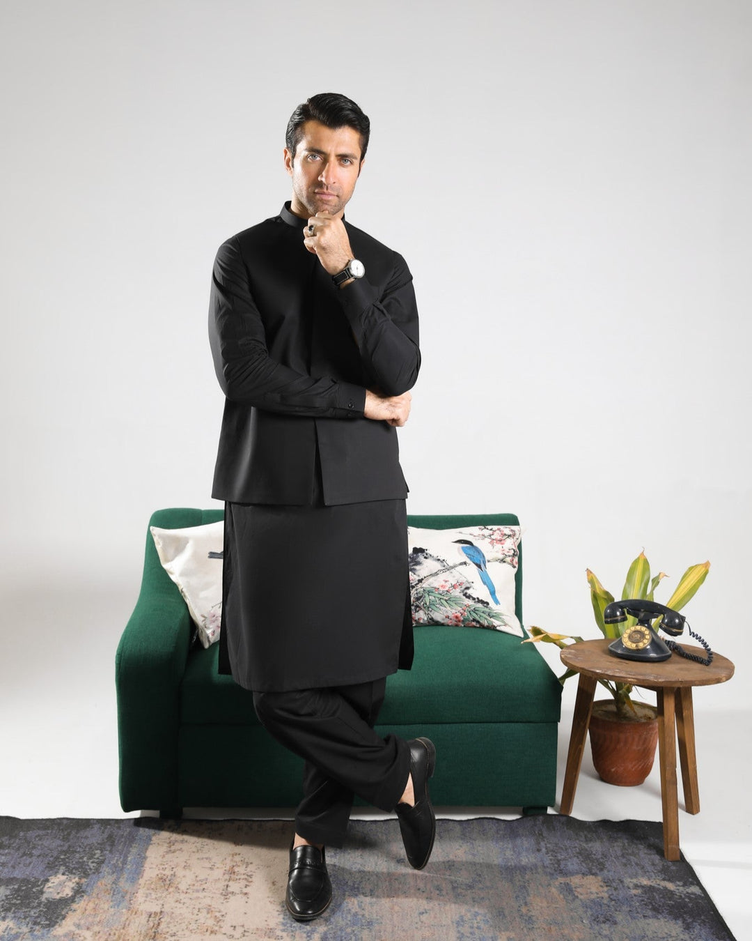 Muraqsh Ready To Wear Solids  Men Black Soft Cotton Kurta Shalwar with Waistcoat MUR-BCKS - Summer Collection
