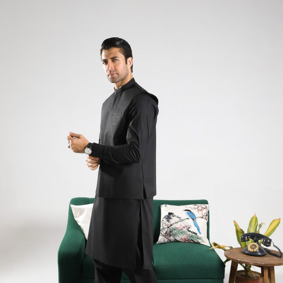 Muraqsh Ready To Wear Solids  Men Black Soft Cotton Waistcoat MUR-BSCW - Summer Collection