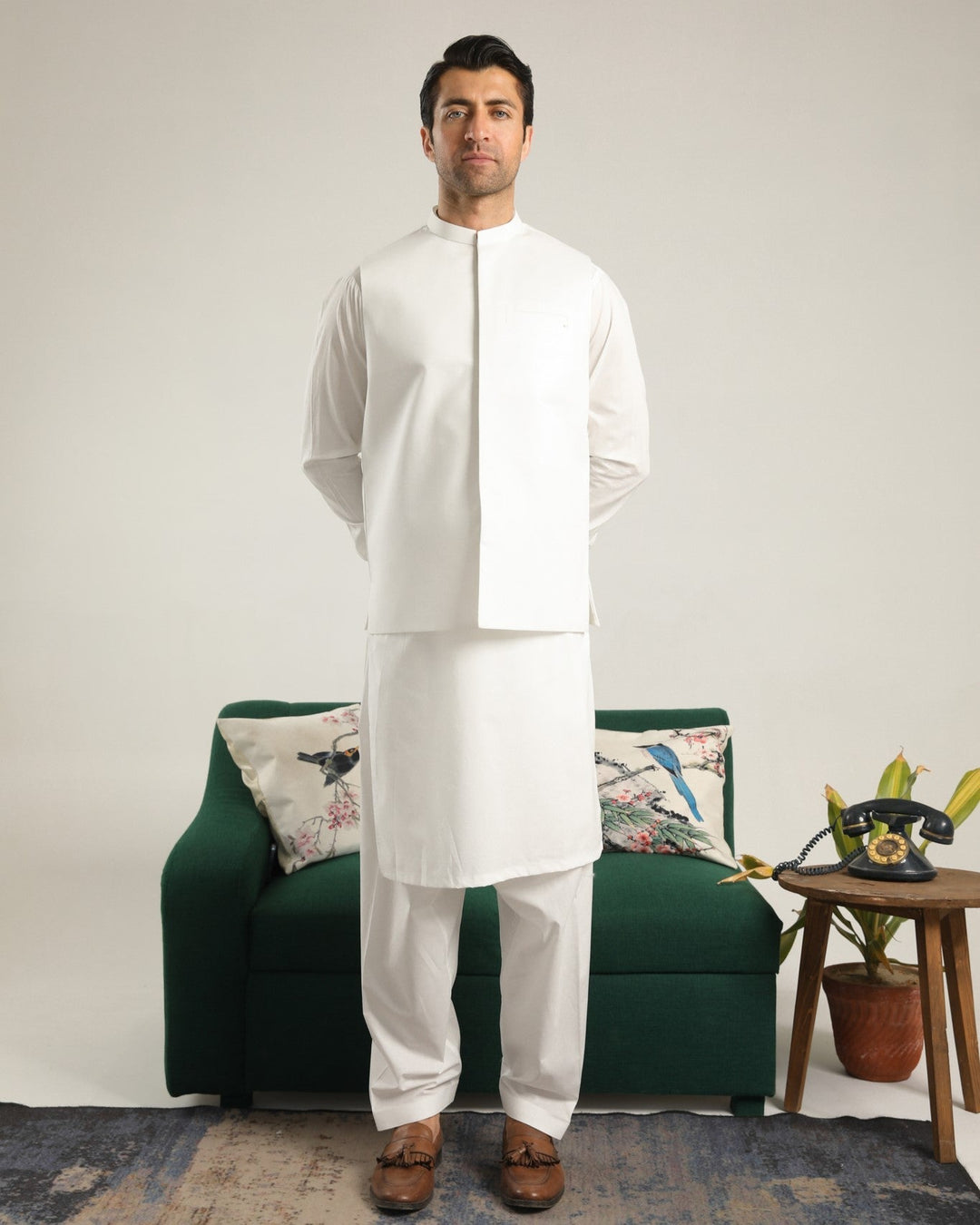 Muraqsh Ready To Wear Solids  Men Off White Soft Cotton Kurta Shalwar with Waistcoat MUR-OWCKS - Summer Collection
