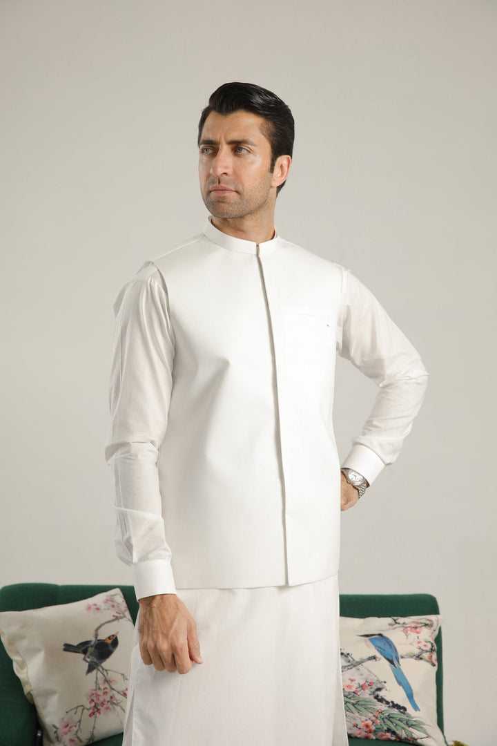 Muraqsh Ready To Wear Solids  Men Off White Soft Cotton Waistcoat MUR-OWSCW - Summer Collection