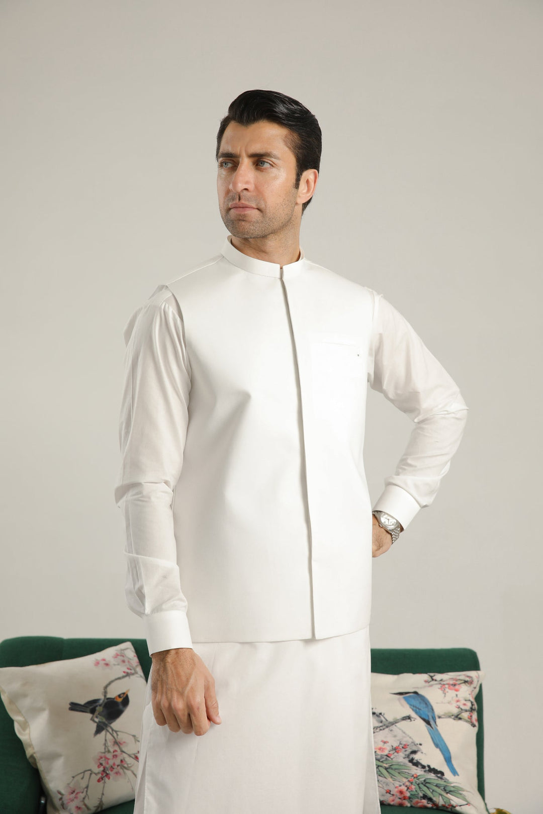 Muraqsh Ready To Wear Solids  Men Off White Soft Cotton Kurta Shalwar with Waistcoat MUR-OWCKS - Summer Collection