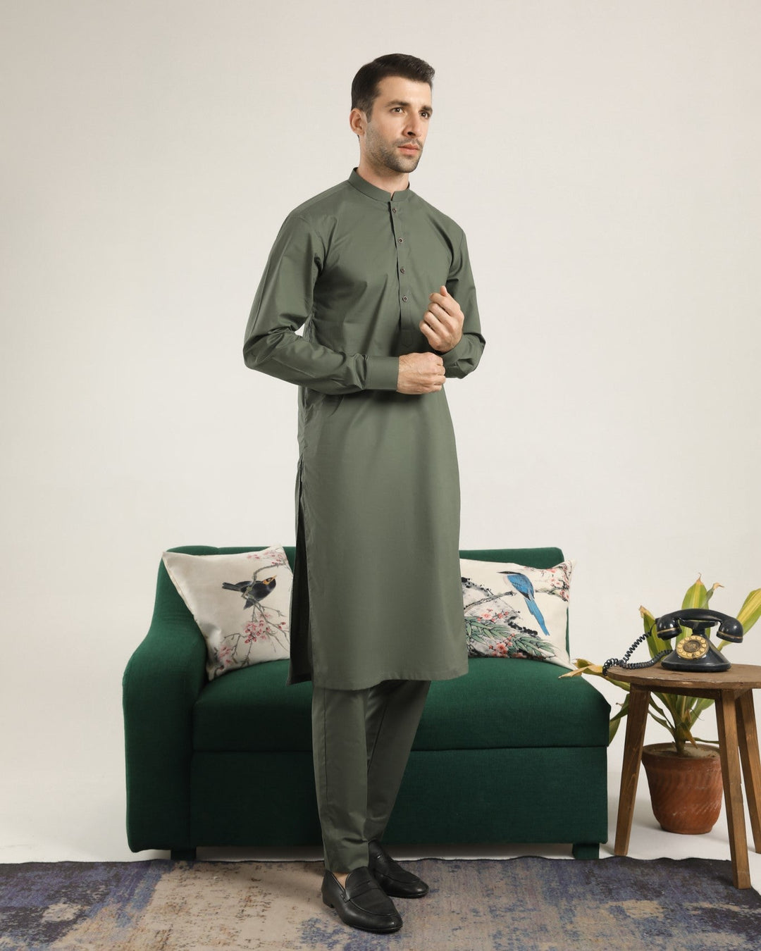 Muraqsh Ready To Wear Solids  Men Army Green Soft Cotton Kurta Trouser MUR-AGCKT - Summer Collection