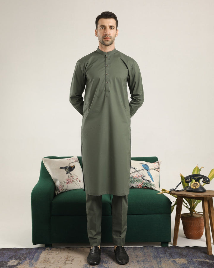 Muraqsh Ready To Wear Solids  Men Army Green Soft Cotton Kurta Trouser MUR-AGCKT - Summer Collection