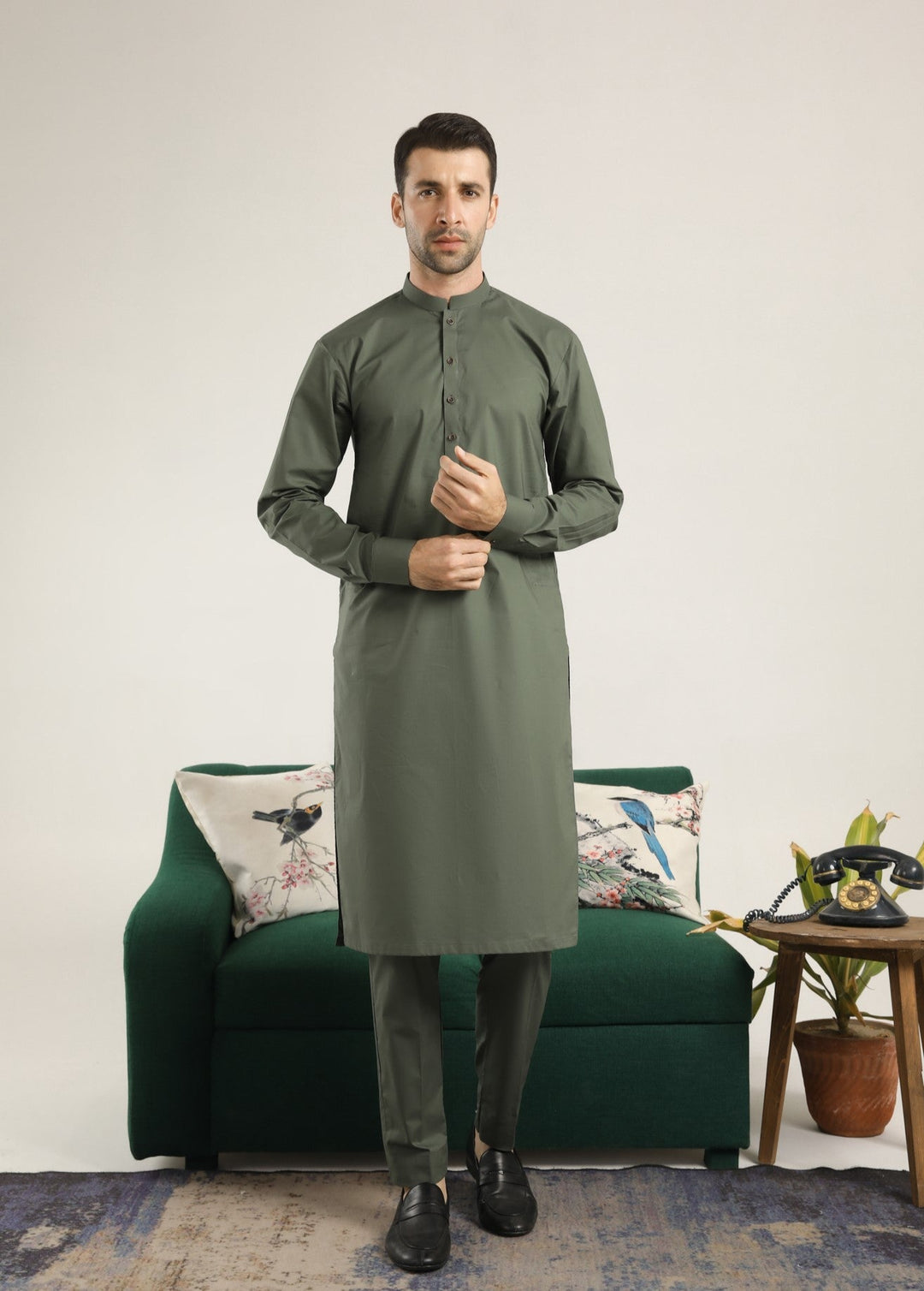 Muraqsh Ready To Wear Solids  Men Army Green Soft Cotton Kurta Trouser MUR-AGCKT - Summer Collection