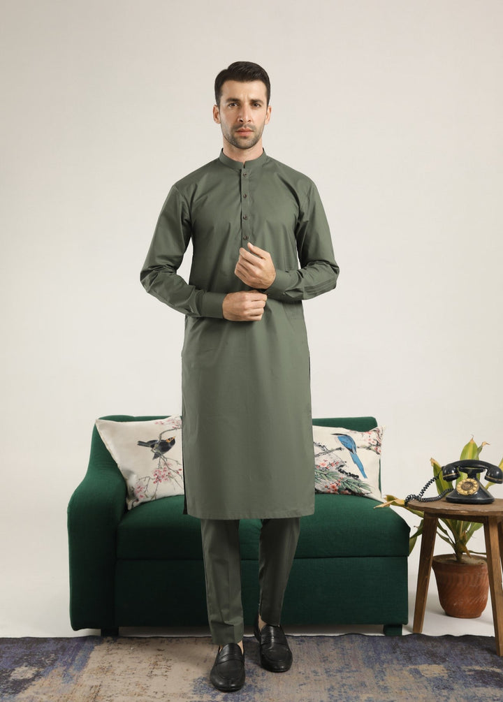 Muraqsh Ready To Wear Solids  Men Army Green Soft Cotton Kurta Trouser MUR-AGCKT - Summer Collection