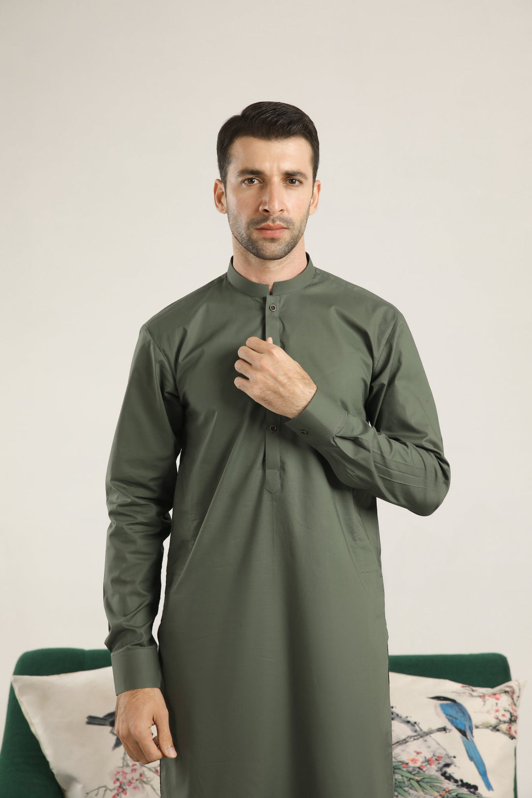 Muraqsh Ready To Wear Solids  Men Army Green Soft Cotton Kurta Trouser MUR-AGCKT - Summer Collection