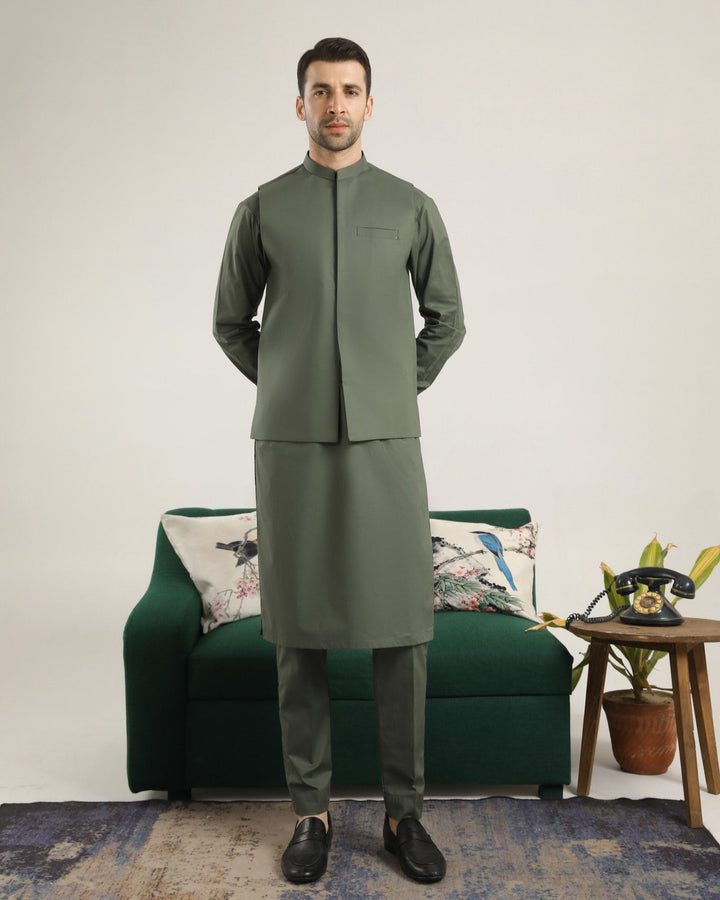 Muraqsh Ready To Wear Solids  Men Army Green Soft Cotton Waistcoat MUR-AGSCW - Summer Collection