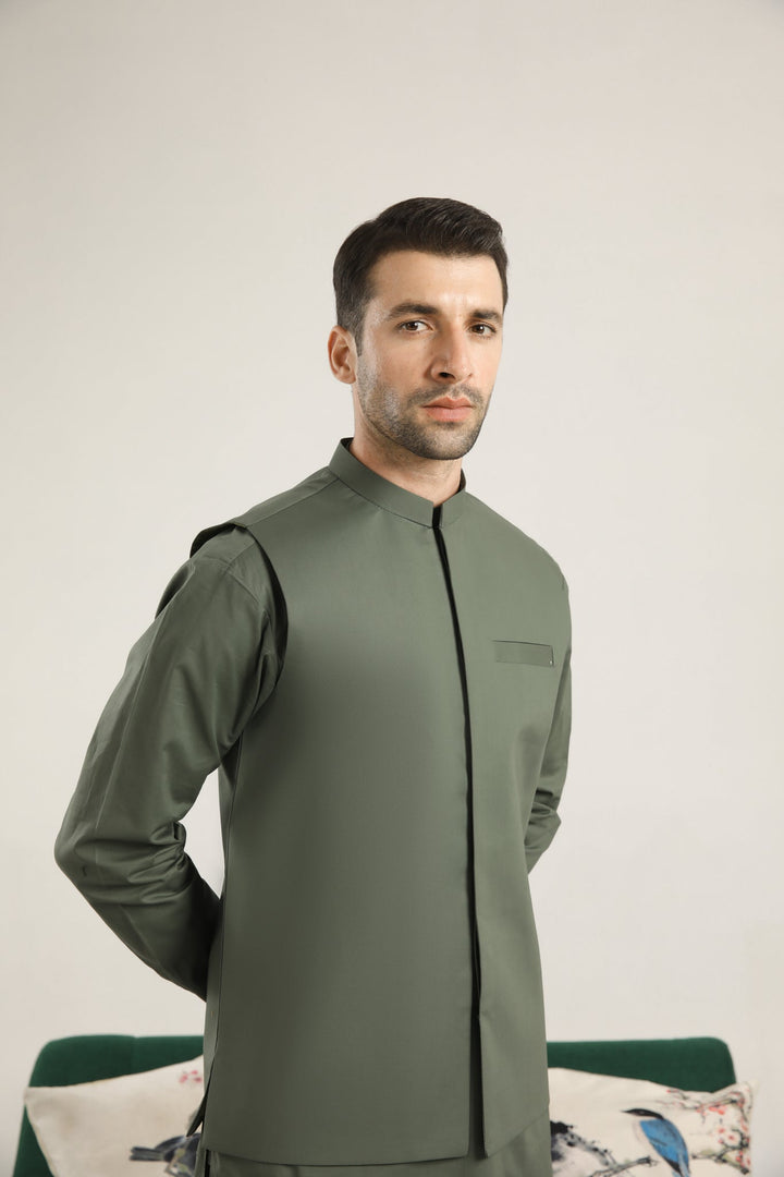 Muraqsh Ready To Wear Solids  Men Army Green Soft Cotton Kurta Trouser with Waistcoat MUR-AGCKT - Summer Collection