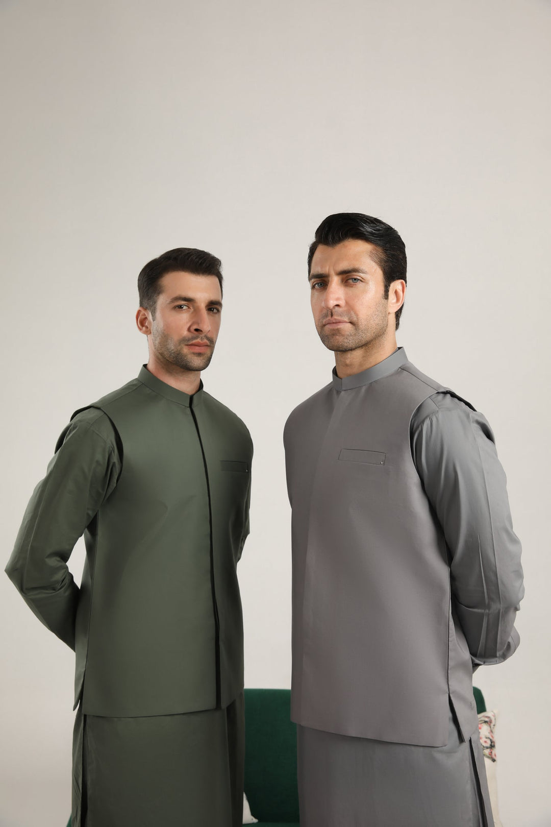 Muraqsh Ready To Wear Solids  Men Light Grey Soft Cotton Kurta Trouser with Waistcoat MURGCKT - Summer Collection