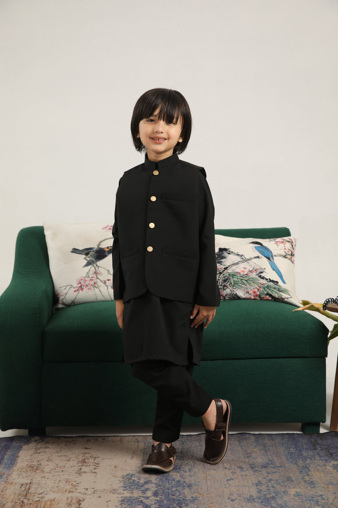 Muraqsh Ready To Wear Solids Cotton Boys Black Kurta Trouser with Blended Waistcoat Round Cut Buttoned MUR-BKTWB - Summer Collection