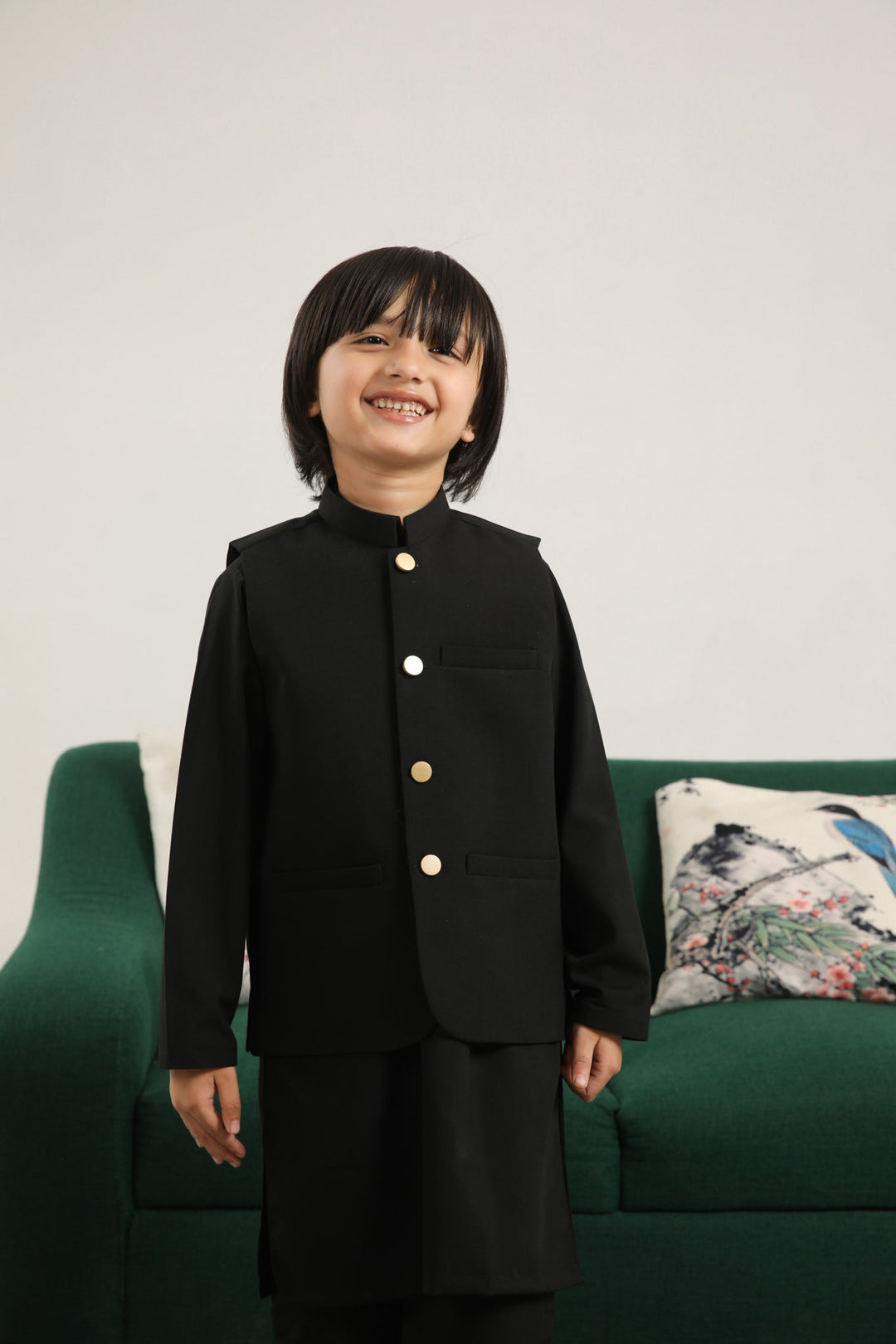 Muraqsh Ready To Wear Solids Cotton Boys Black Kurta Trouser with Blended Waistcoat Round Cut Buttoned MUR-BKTWB - Summer Collection