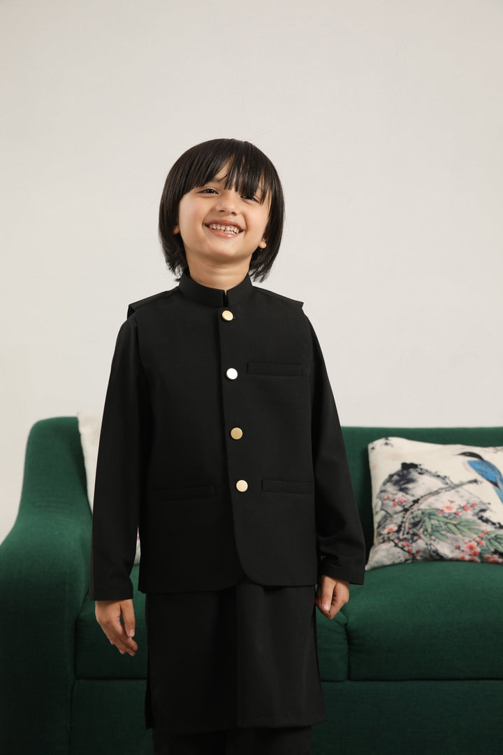 Muraqsh Ready To Wear Solids Cotton Boys Black Kurta Trouser with Blended Waistcoat Round Cut Buttoned MUR-BKTWB - Summer Collection