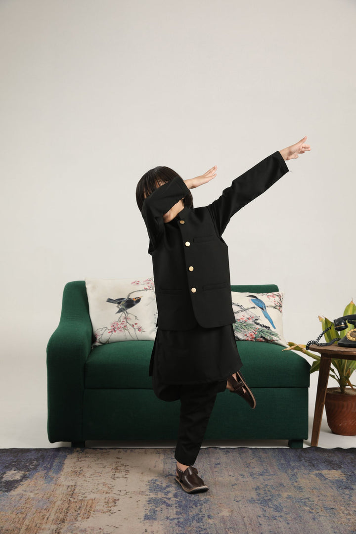 Muraqsh Ready To Wear Solids Cotton Boys Black Kurta Trouser with Blended Waistcoat Round Cut Buttoned MUR-BKTWB - Summer Collection