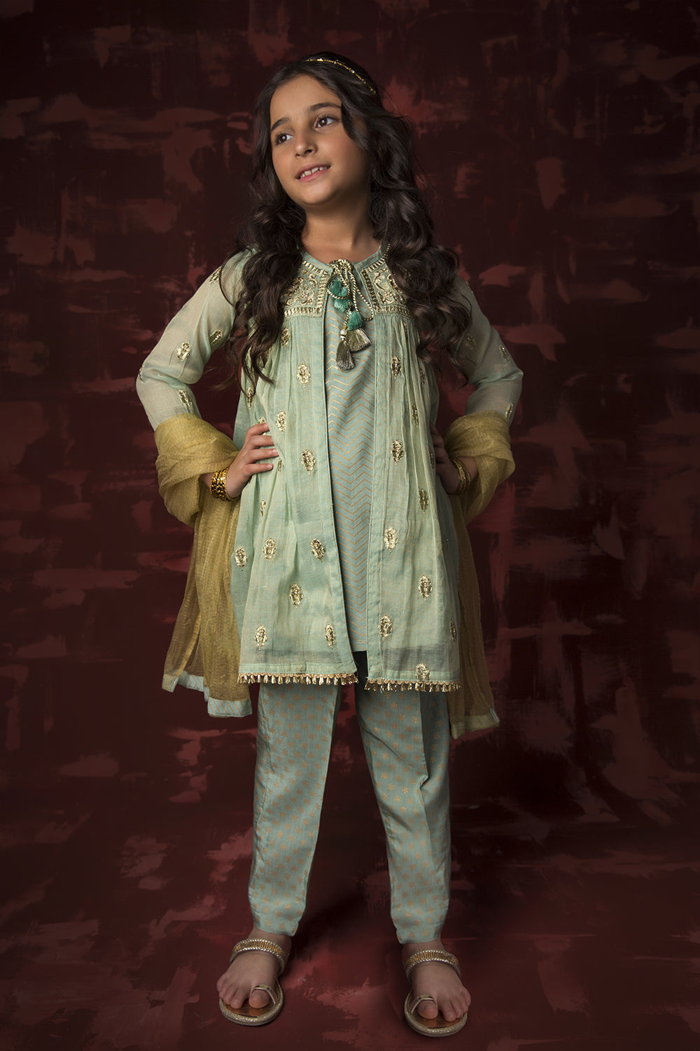 Senorita Kids RTW Kids formal clothes Green and Gold Formal 3 Piece Suit Banarsi Masuri KDD-03158 - Summer Collection