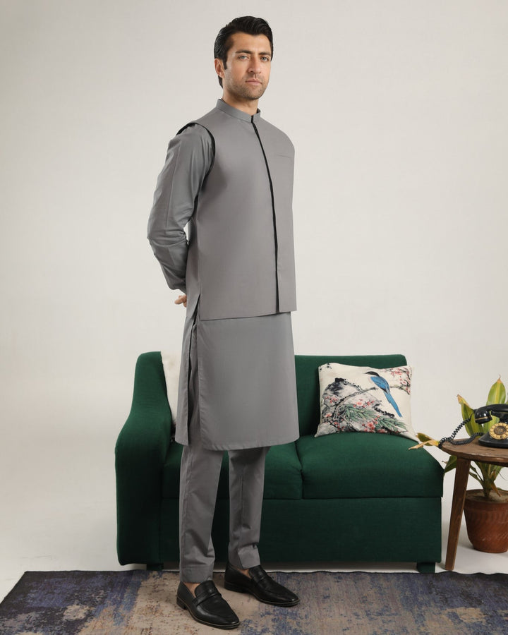 Muraqsh Ready To Wear Solids  Men Light Grey Soft Cotton Waistcoat MURGSCW - Summer Collection