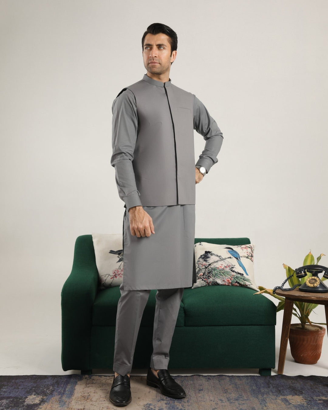 Muraqsh Ready To Wear Solids  Men Light Grey Soft Cotton Kurta Trouser with Waistcoat MURGCKT - Summer Collection