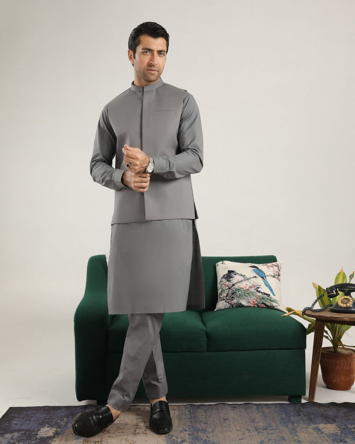Muraqsh Ready To Wear Solids  Men Light Grey Soft Cotton Kurta Trouser with Waistcoat MURGCKT - Summer Collection