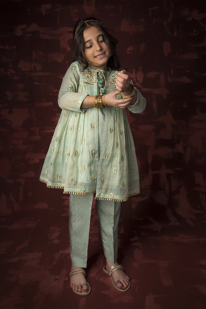 Senorita Kids RTW Kids formal clothes Green and Gold Formal 3 Piece Suit Banarsi Masuri KDD-03158 - Summer Collection