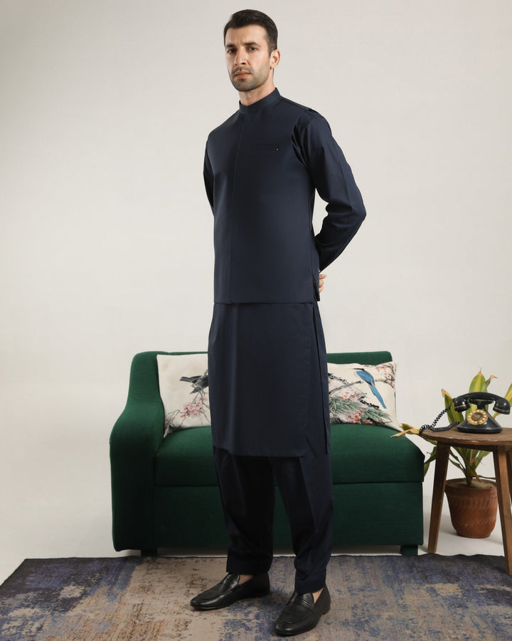 Muraqsh Ready To Wear Solids  Men Dark Navy Blue Soft Cotton Waistcoat MUR-DNBSC - Summer Collection