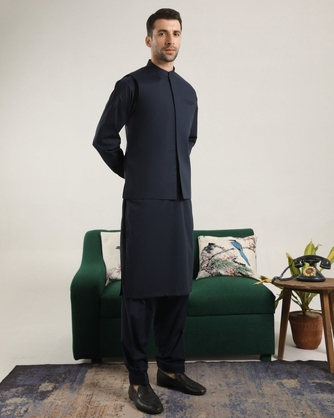 Muraqsh Ready To Wear Solids  Men Dark Navy Blue Soft Cotton Kurta Shalwar with Waistcoat MUR-DNBCK - Summer Collection