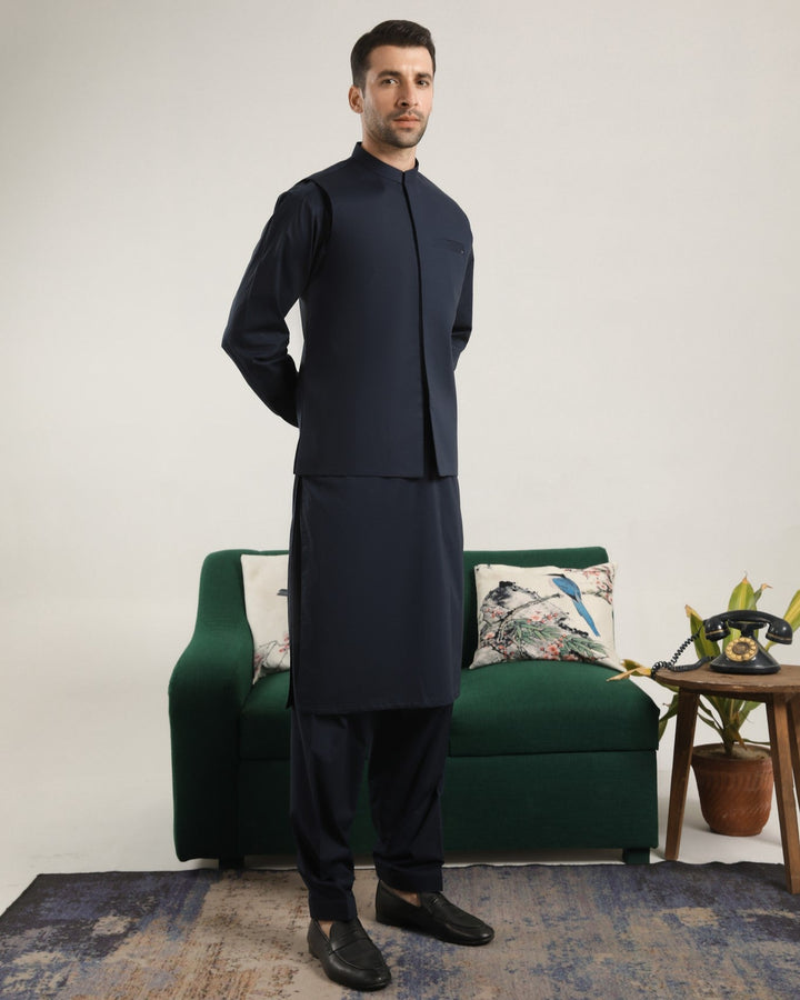 Muraqsh Ready To Wear Solids  Men Dark Navy Blue Soft Cotton Kurta Shalwar with Waistcoat MUR-DNBCK - Summer Collection