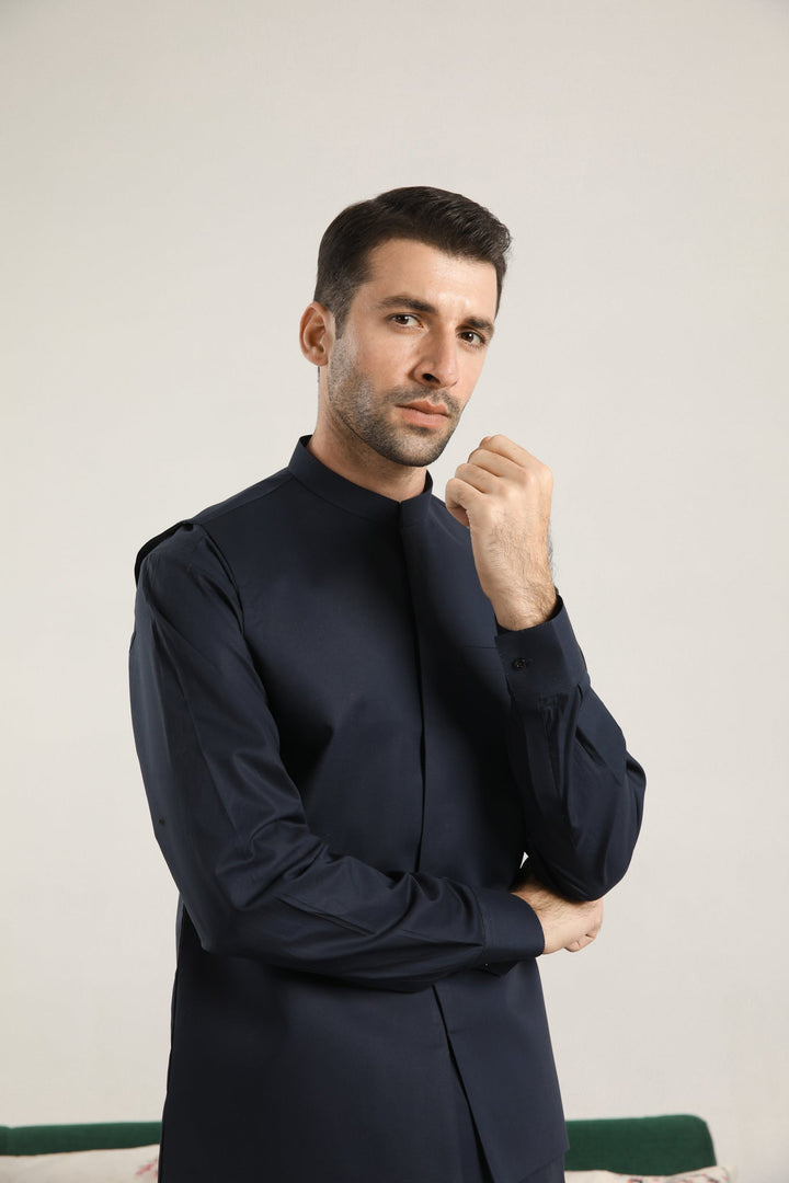 Muraqsh Ready To Wear Solids  Men Dark Navy Blue Soft Cotton Kurta Shalwar with Waistcoat MUR-DNBCK - Summer Collection