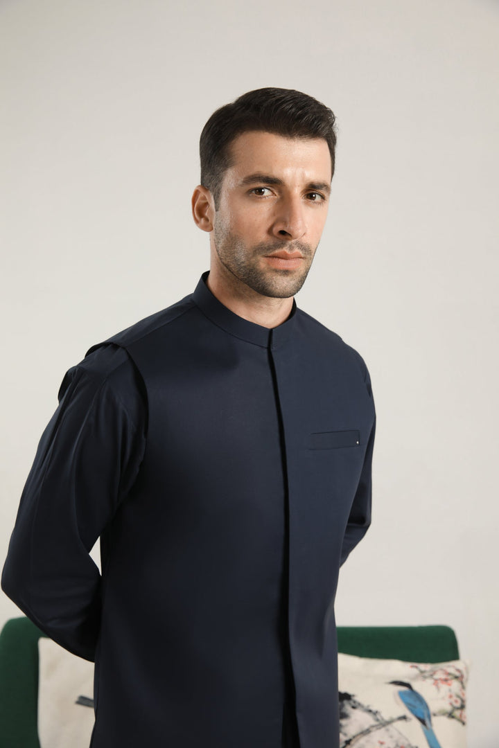 Muraqsh Ready To Wear Solids  Men Dark Navy Blue Soft Cotton Waistcoat MUR-DNBSC - Summer Collection