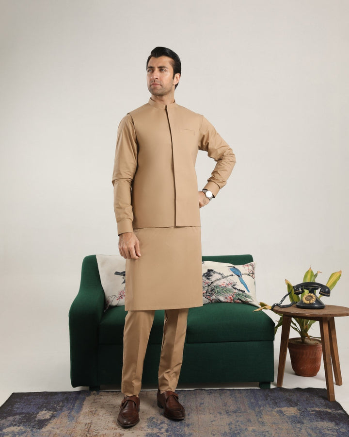 Muraqsh Ready To Wear Solids  Men Camel Cotton Soft Kurta Trouser with Waistcoat MUR-CCKT - Summer Collection