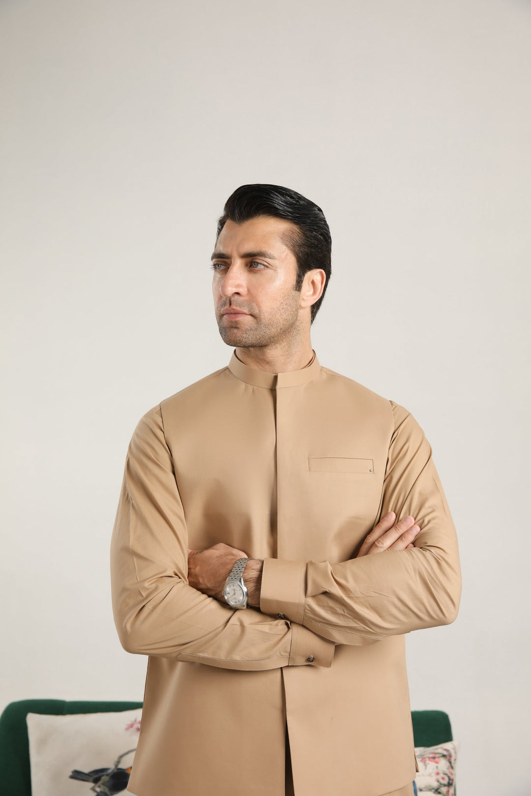 Muraqsh Ready To Wear Solids  Men Camel Cotton Soft Kurta Trouser with Waistcoat MUR-CCKT - Summer Collection